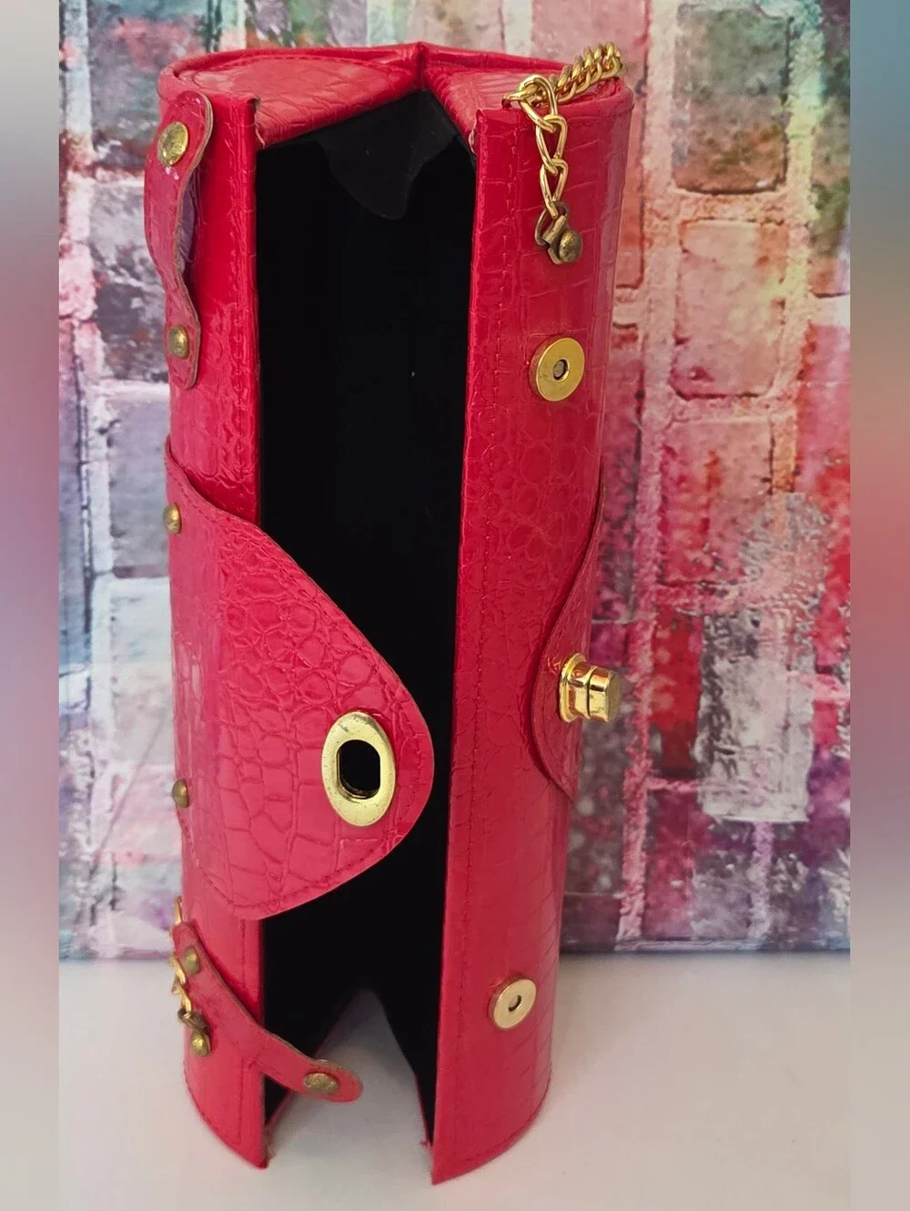 Bottle Carrier Cylinder Bag Croc-Texture W/ Gold Hardware